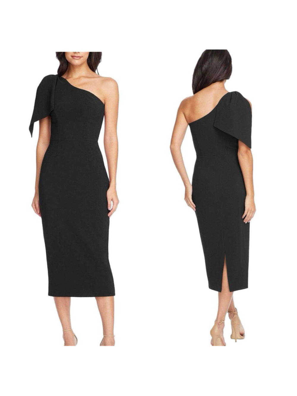 Dress The Population Tiffany Black Cocktail Midi Dress One Shoulder Bow M NWT